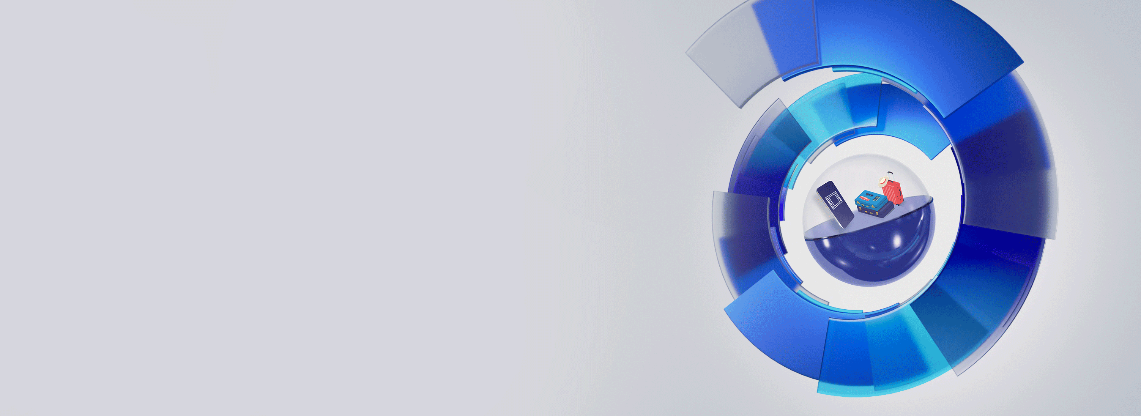 Abstract 3D design with layered blue circular shapes surrounding a smartphone and a small gift box.